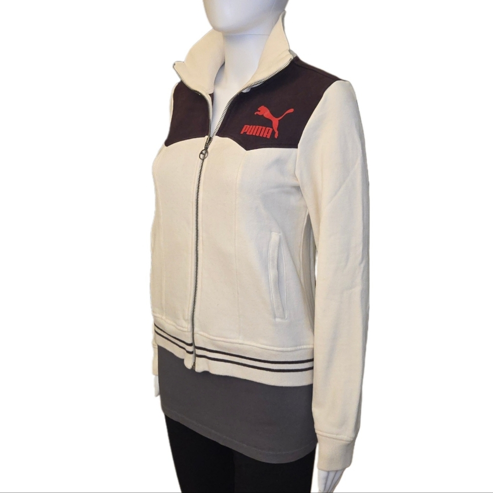 PUMA Fleece Trackie Cream Jacket Western-Inspired Brown Trim Iconic Zipper Pull